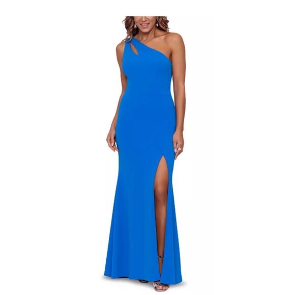 Xscape Dresses & Skirts - XSCAPE Asymmetric Cutout One Shoulder  Gown Blue Front Slit Lined Dress 4 Prom
